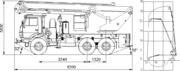 Габариты и зона обслуживания автовышки АПТ-28 на базе КАМАЗ-43114